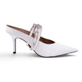 ABRA WHITE BELTED POINTED TOE MULES WITH CRYSTAL DETAIL - SIZE 40