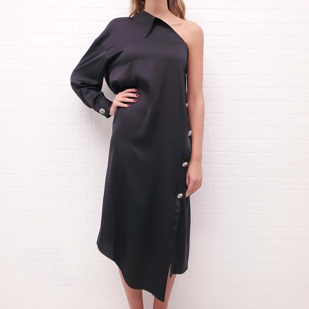 ACNE STUDIOS BLACK DECONSTRUCTED DRESS WITH CRYSTAL BUTTONS - SIZE 38