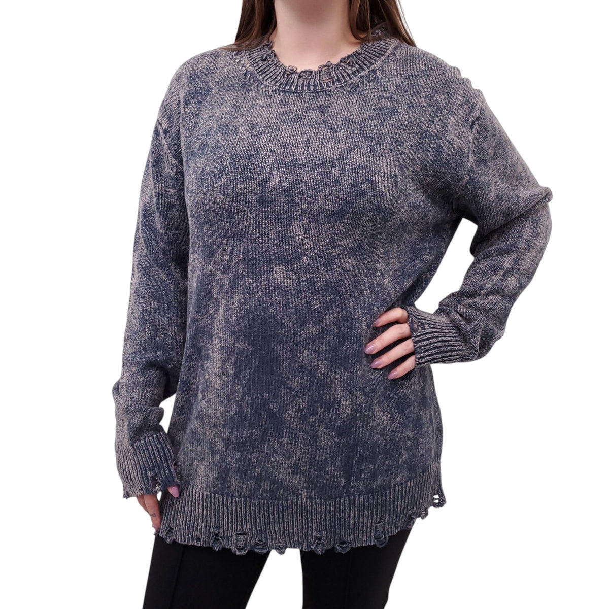 ACNE STUDIOS NAVY DISTRESSED KNIT SWEATER - SIZE S