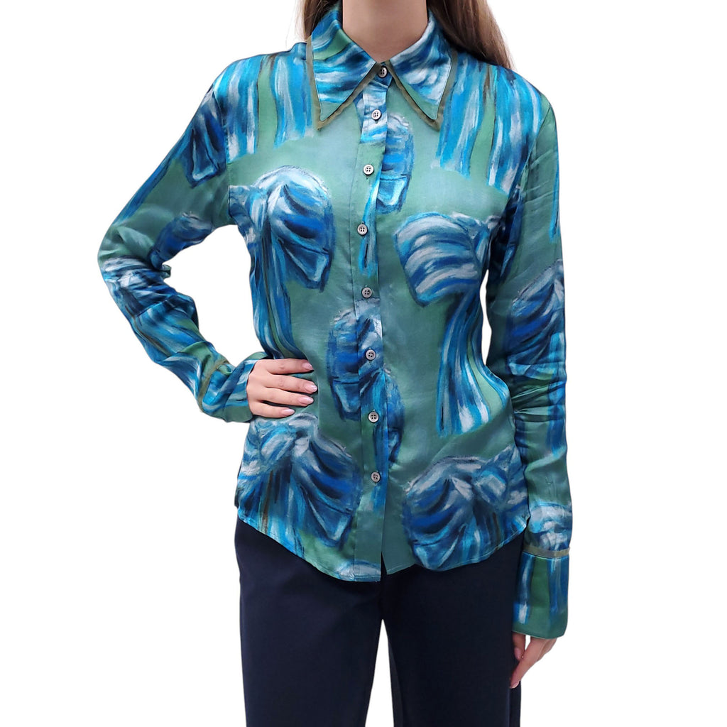 ACNE STUDIOS TEAL PATTERNED SILK BLOUSE - SIZE S