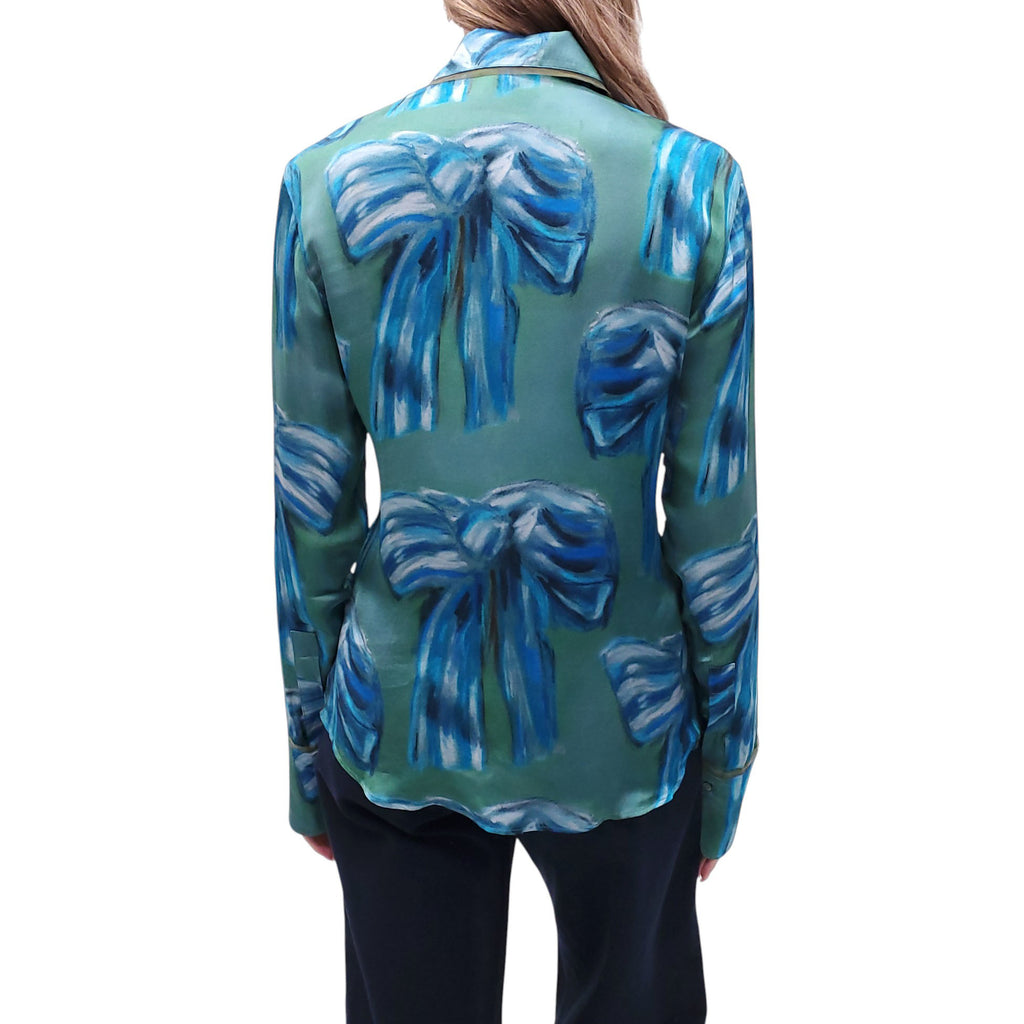 ACNE STUDIOS TEAL PATTERNED SILK BLOUSE - SIZE S