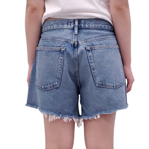 AGOLDE BLUE PARKER LONG DENIM SHORTS WITH FRAYED HEM - SIZE 29