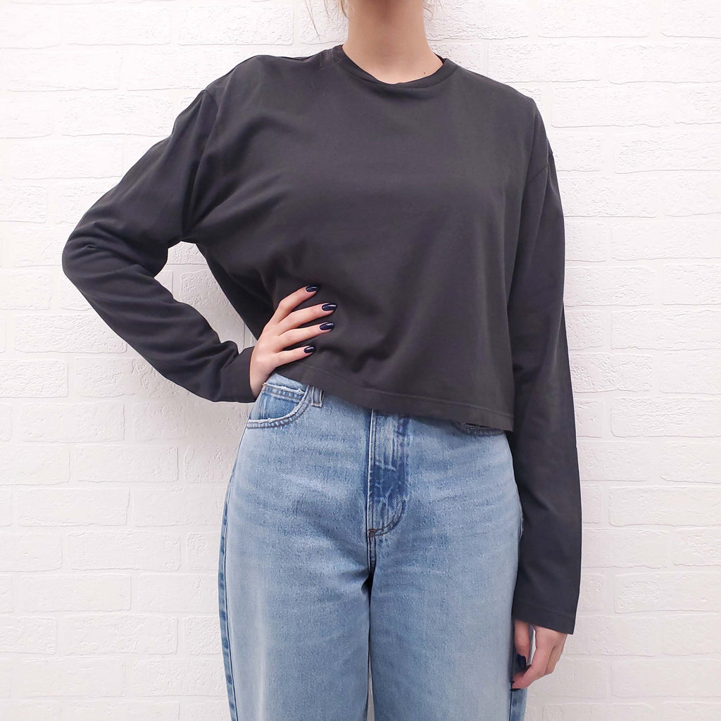 AGOLDE CHARCOAL GREY CROPPED LONG SLEEVE SHIRT - SIZE S