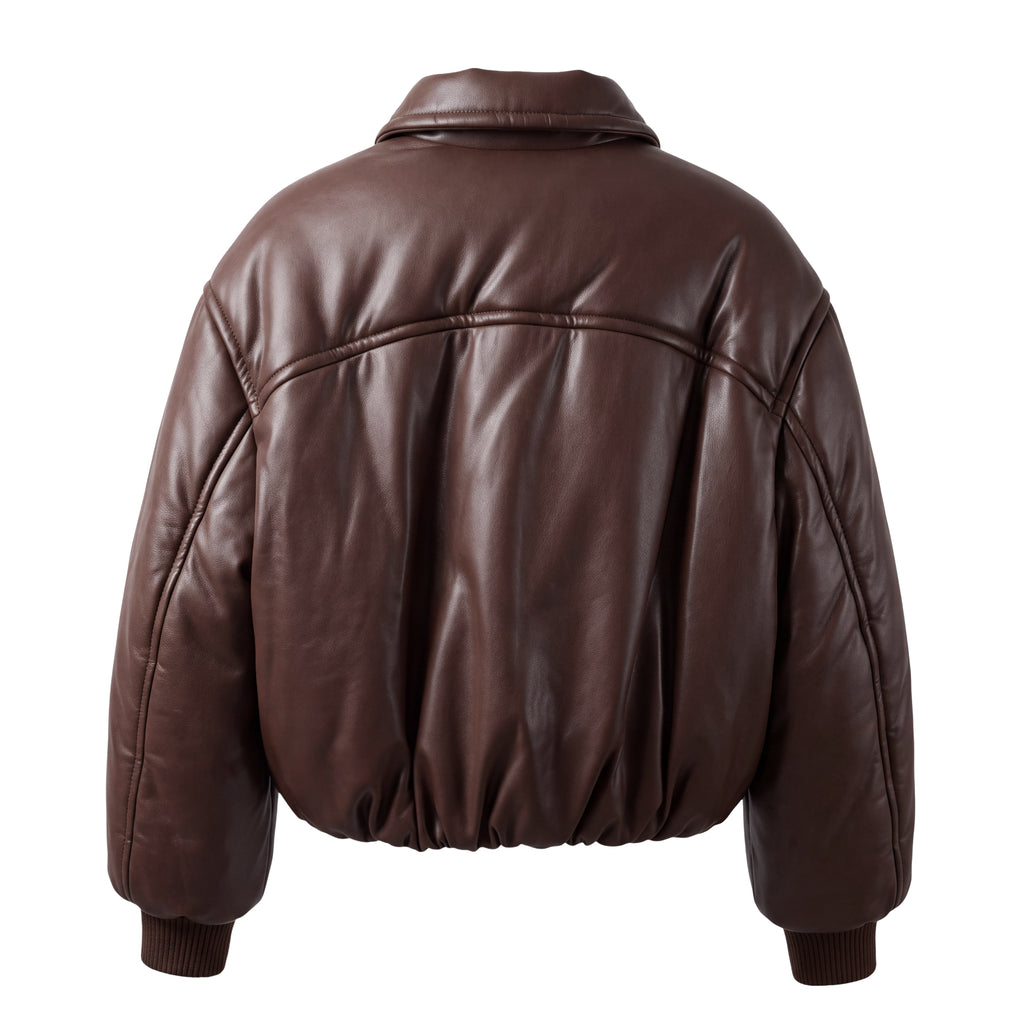 AGOLDE X SHOREDITCH SKI CLUB BROWN TATE FAUX LEATHER BOMBER JACKET - SIZE S