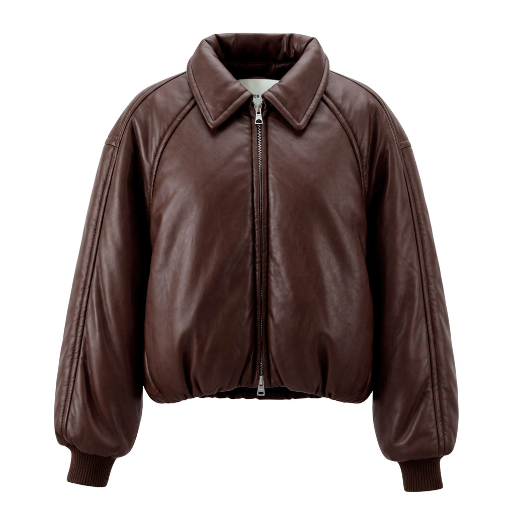 AGOLDE X SHOREDITCH SKI CLUB BROWN TATE FAUX LEATHER BOMBER JACKET - SIZE S