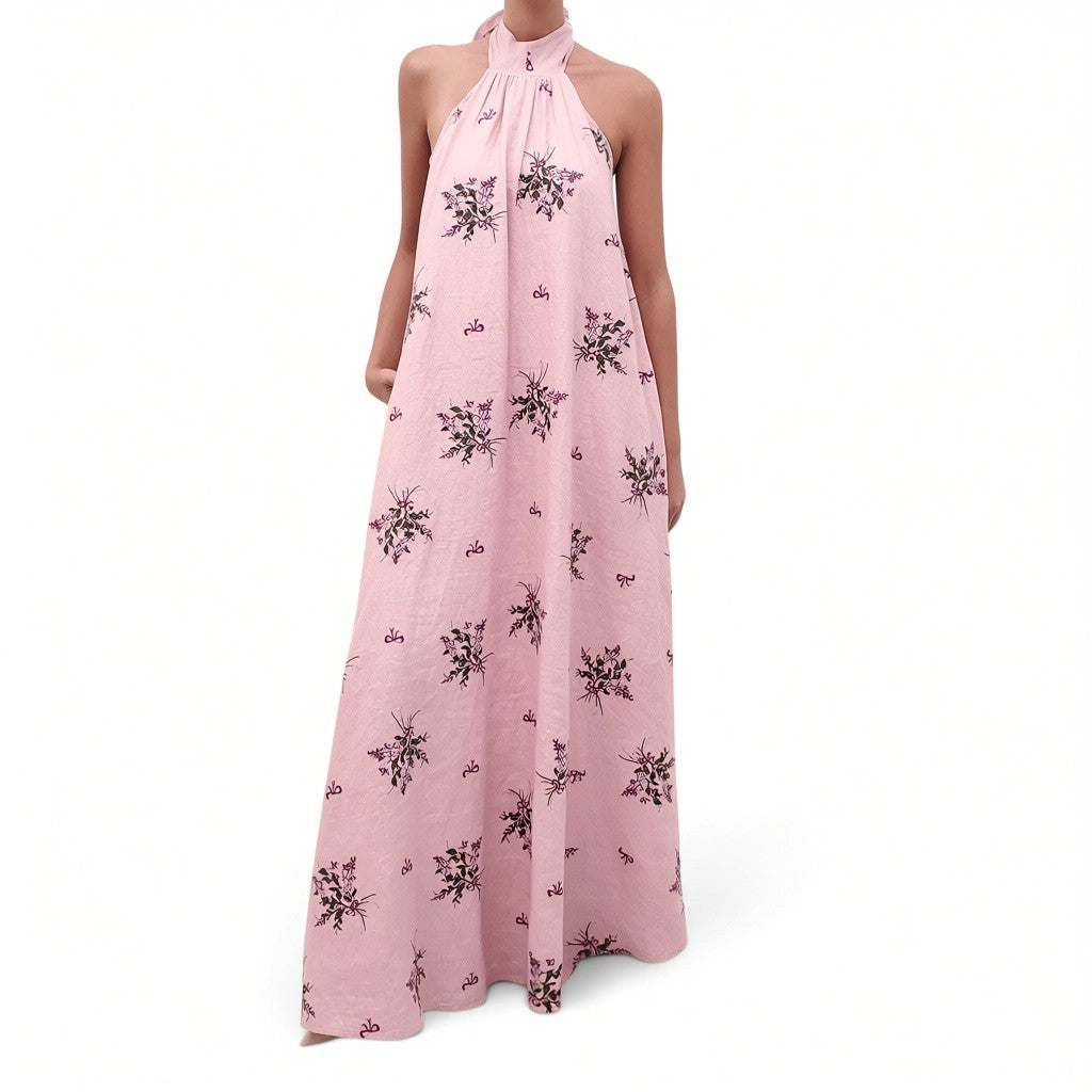 AGUA BENDITA WISTERIA EMBROIDERED LINEN HALTERNECK MAXI DRESS - SIZE S