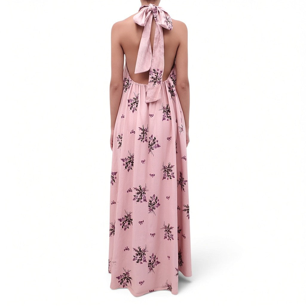 AGUA BENDITA WISTERIA EMBROIDERED LINEN HALTERNECK MAXI DRESS - SIZE S
