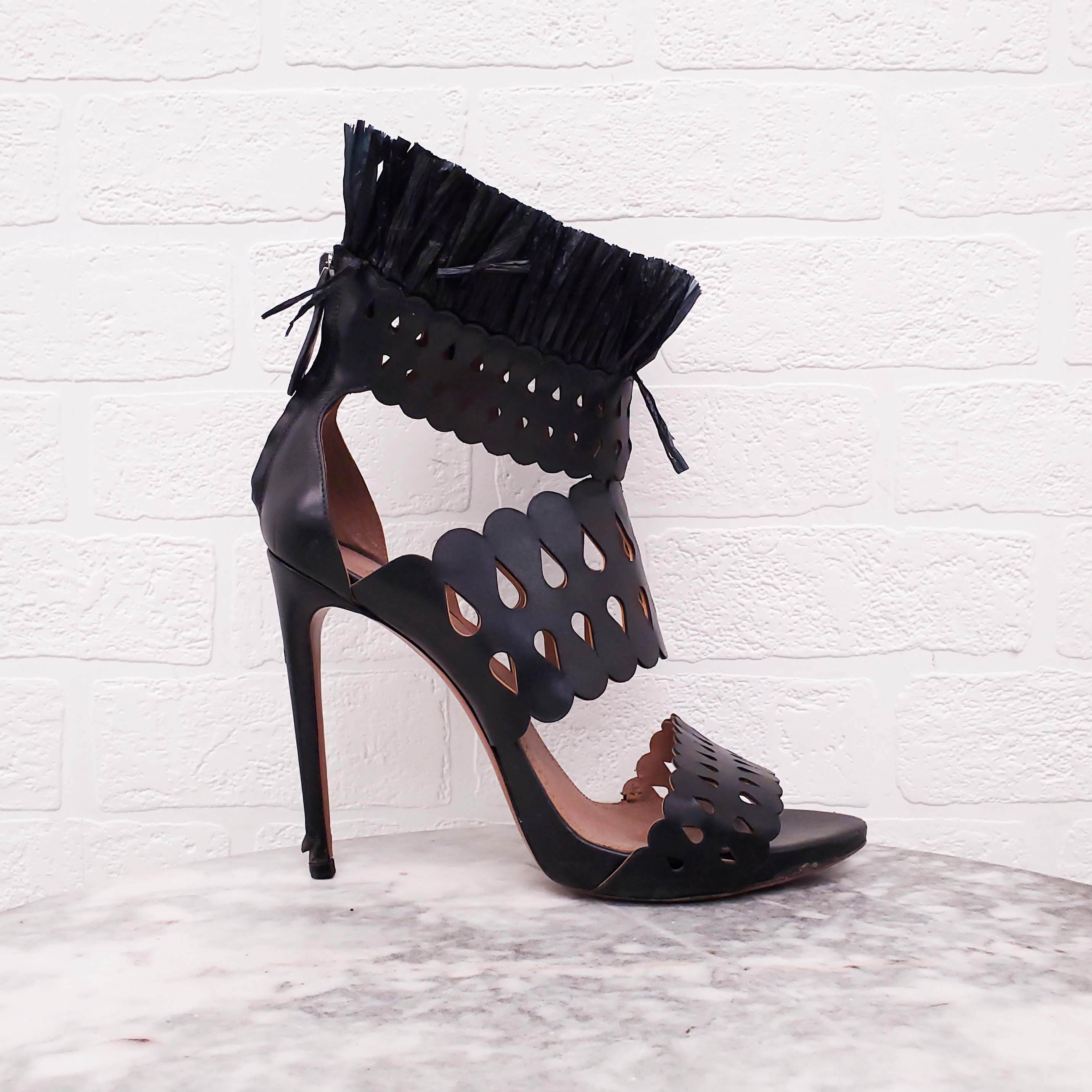 ALAÏA BLACK LASER CUT FRINGE HEELS - SIZE 41