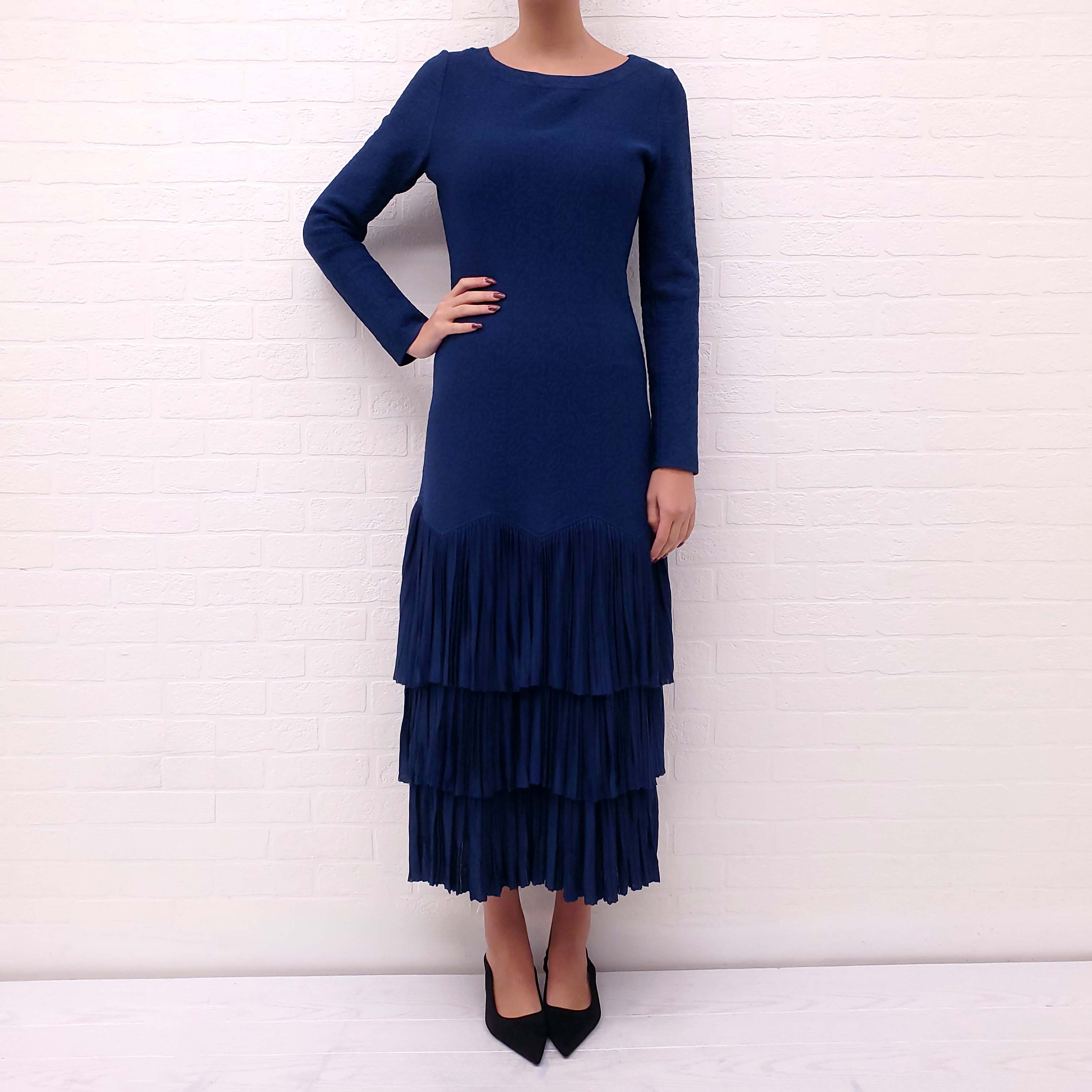 ALAÏA BLUE PATTERNED PLEATED RUFFLE GOWN - SIZE 44