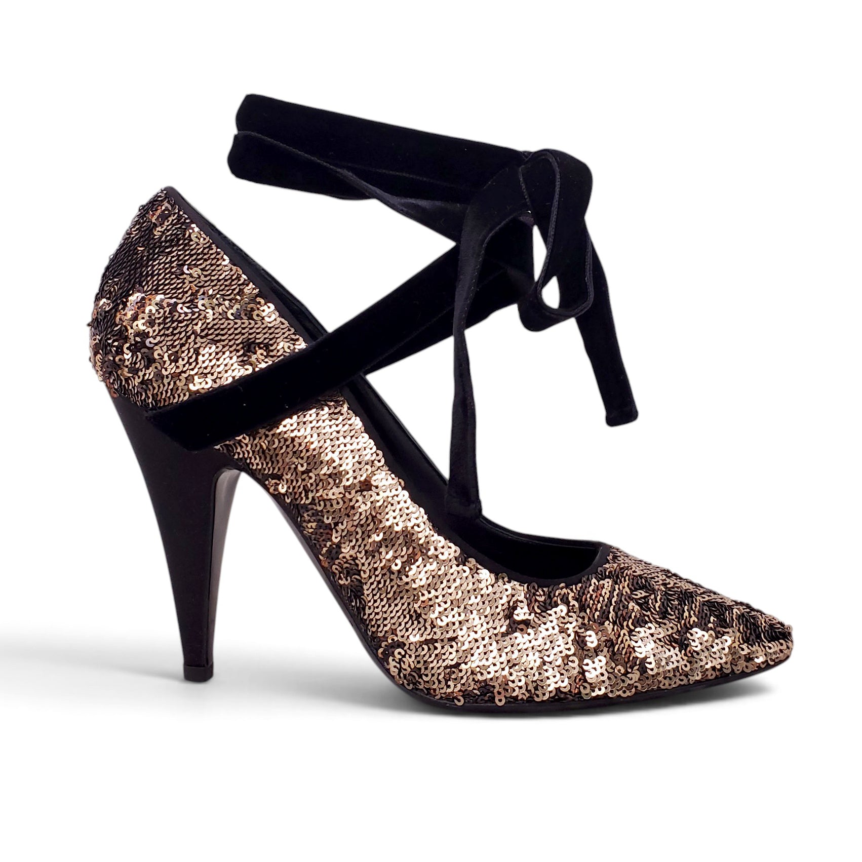 ALBERTA FERRETTI GOLD SEQUIN HEELS WITH VELVET STRAP - SIZE 38