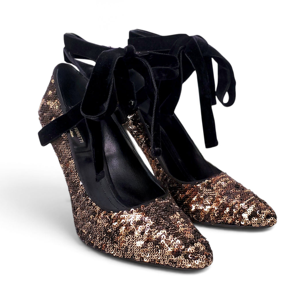 ALBERTA FERRETTI GOLD SEQUIN HEELS WITH VELVET STRAP - SIZE 38
