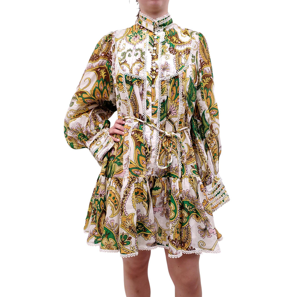 ALÉMAIS WHITE, GREEN AND YELLOW PAISLEY PRINT COTTON DRESS - SIZE 10