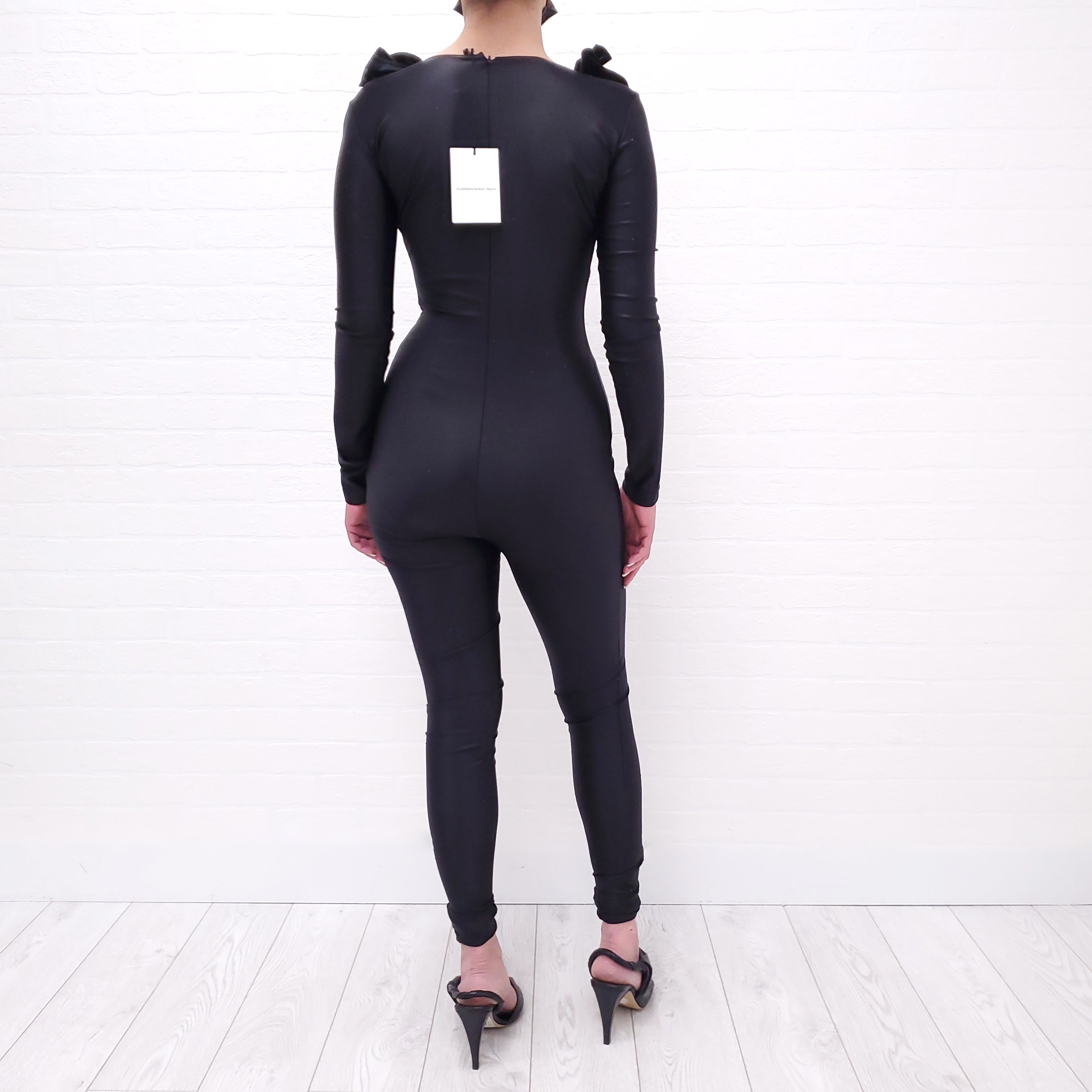 ALESSANDRA RICH BLACK RUFFLE JUMPSUIT WITH CRYSTALS - SIZE 40