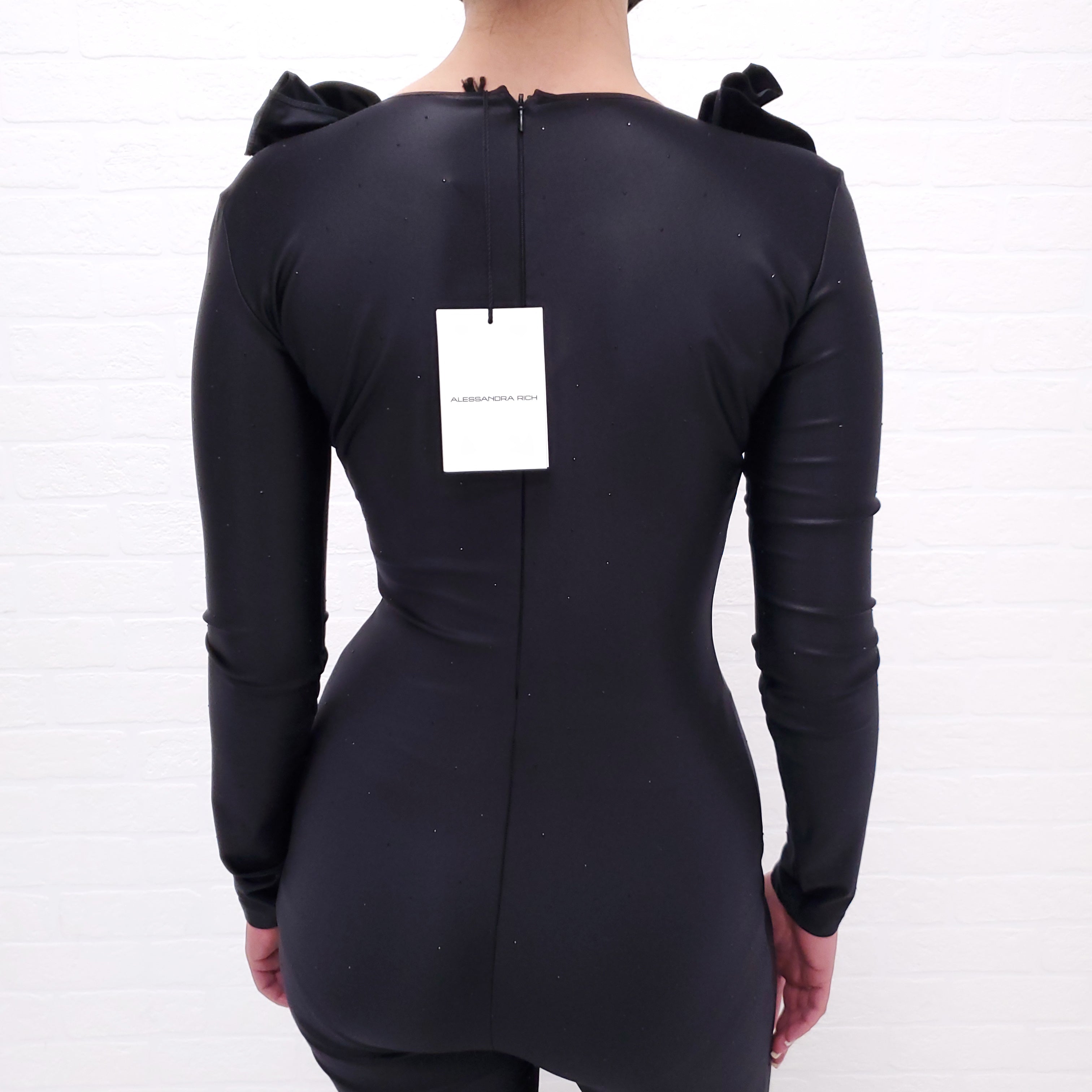 ALESSANDRA RICH BLACK RUFFLE JUMPSUIT WITH CRYSTALS - SIZE 40