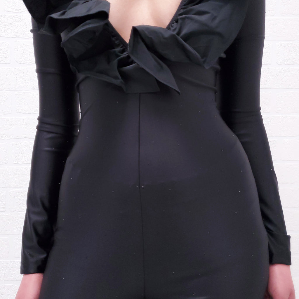 ALESSANDRA RICH BLACK RUFFLE JUMPSUIT WITH CRYSTALS - SIZE 40