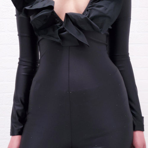 ALESSANDRA RICH BLACK RUFFLE JUMPSUIT WITH CRYSTALS - SIZE 40