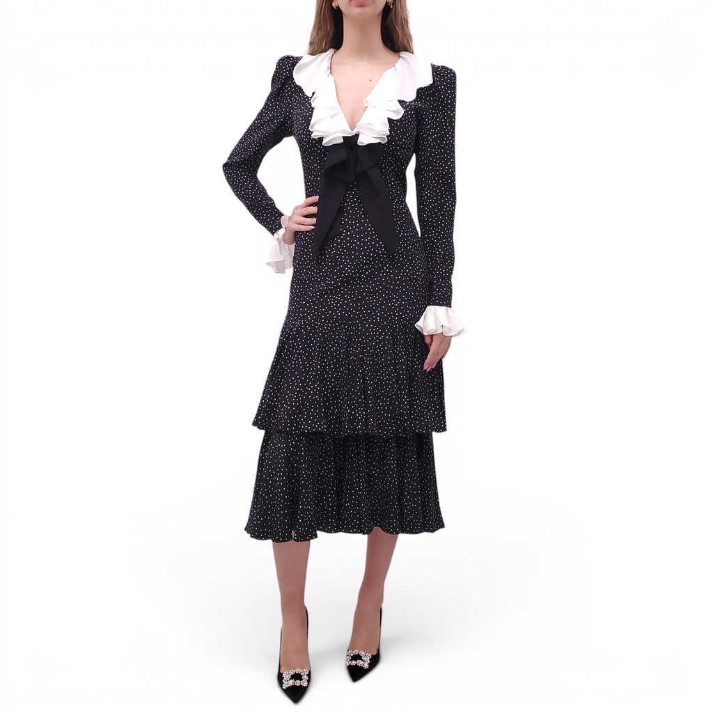 ALESSANDRA RICH BOW-DETAILED RUFFLE POLKA DOT SILK TIERED MIDI DRESS - SIZE 42 (FITS SMALL)