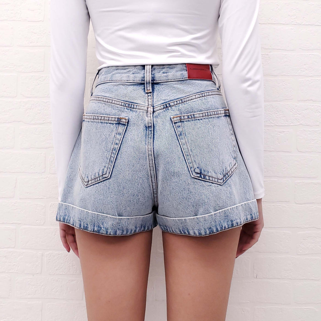 ALESSANDRA RICH DENIM SHORTS WITH CRYSTAL BUTTON - SIZE 26