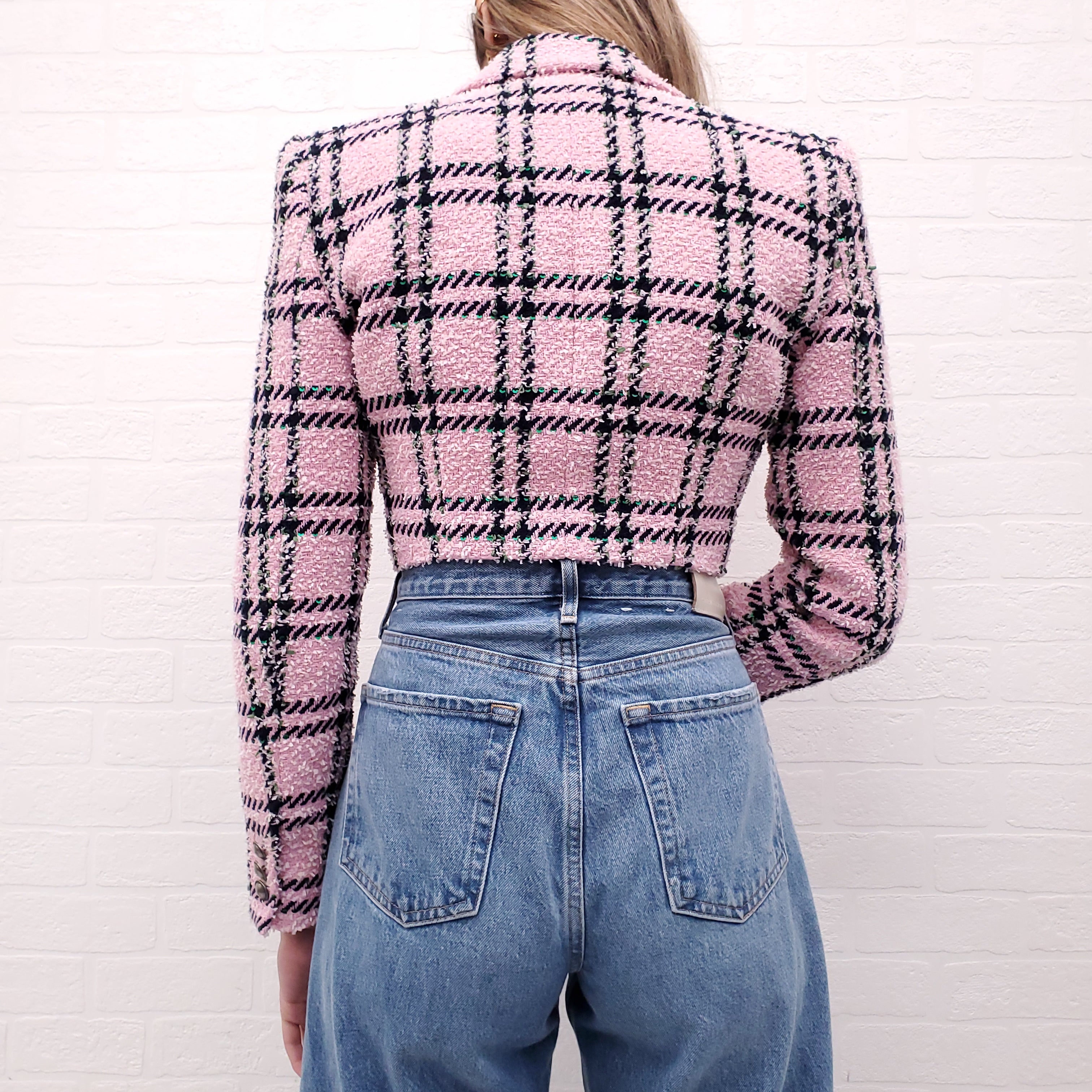 ALESSANDRA RICH PINK TWEED PLAID JACKET WITH PEARL BUTTONS - SIZE 40