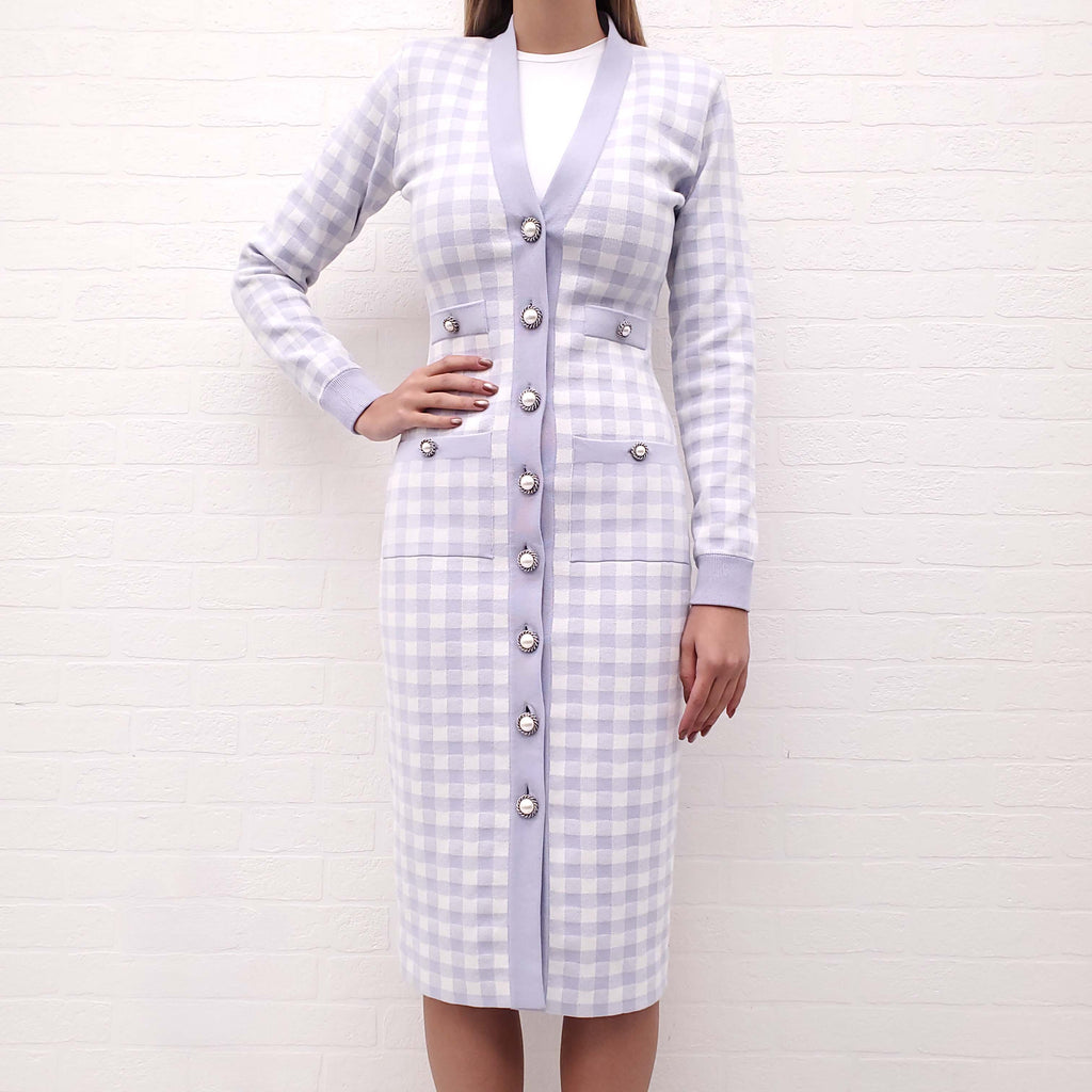 ALESSANDRA RICH PURPLE PLAID DRESS WITH PEARL BUTTONS - SIZE S