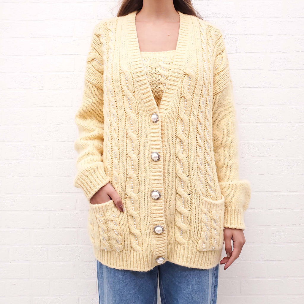 ALESSANDRA RICH YELLOW PEARL CARDIGAN SET - SIZE 38 TOP/36 SWEATER