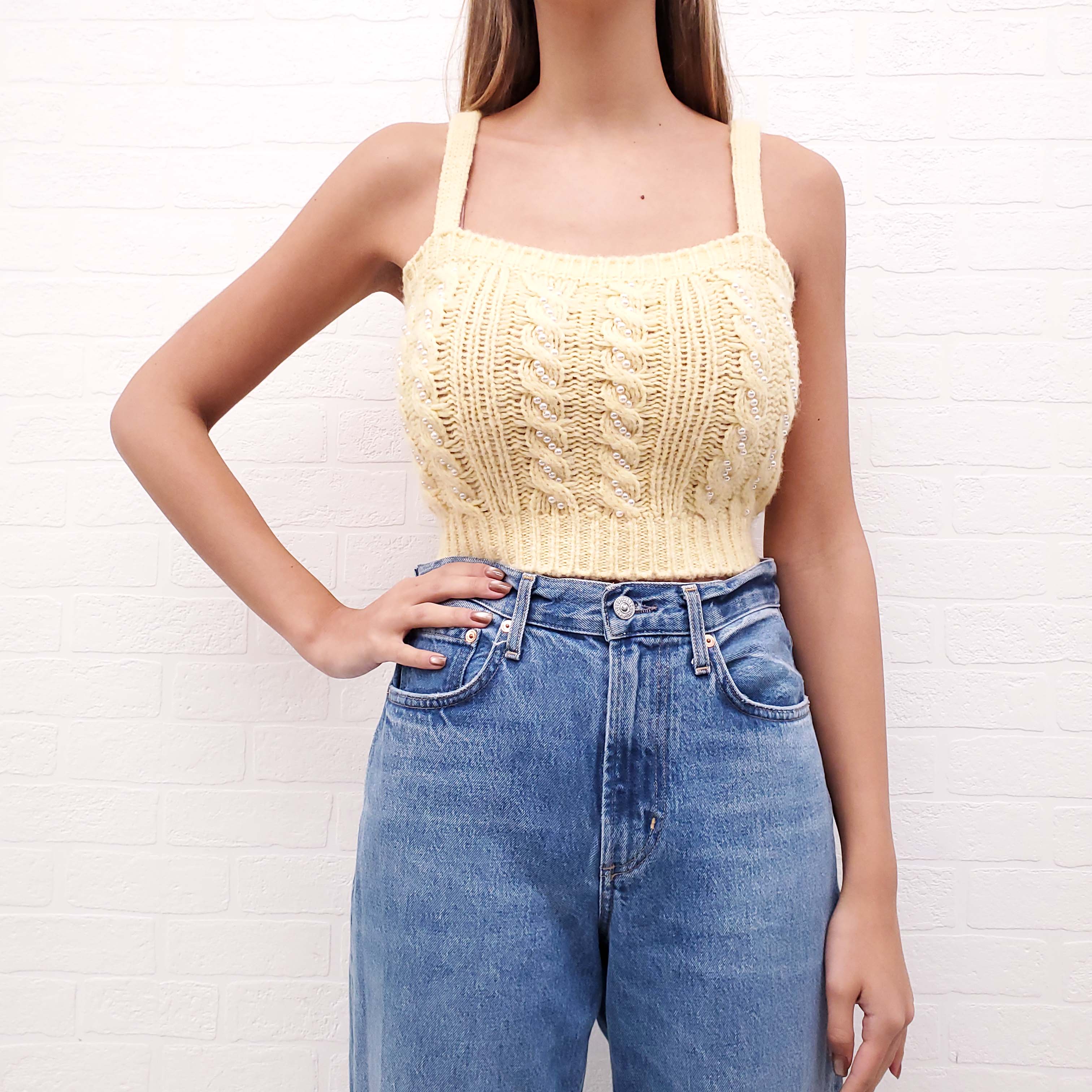 ALESSANDRA RICH YELLOW PEARL CARDIGAN SET - SIZE 38 TOP/36 SWEATER