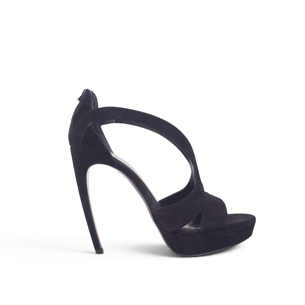 ALEXANDER MCQUEEN ARMADILLO DOUBLE ARCHED BLACK SUEDE HEELS - SIZE 38.5