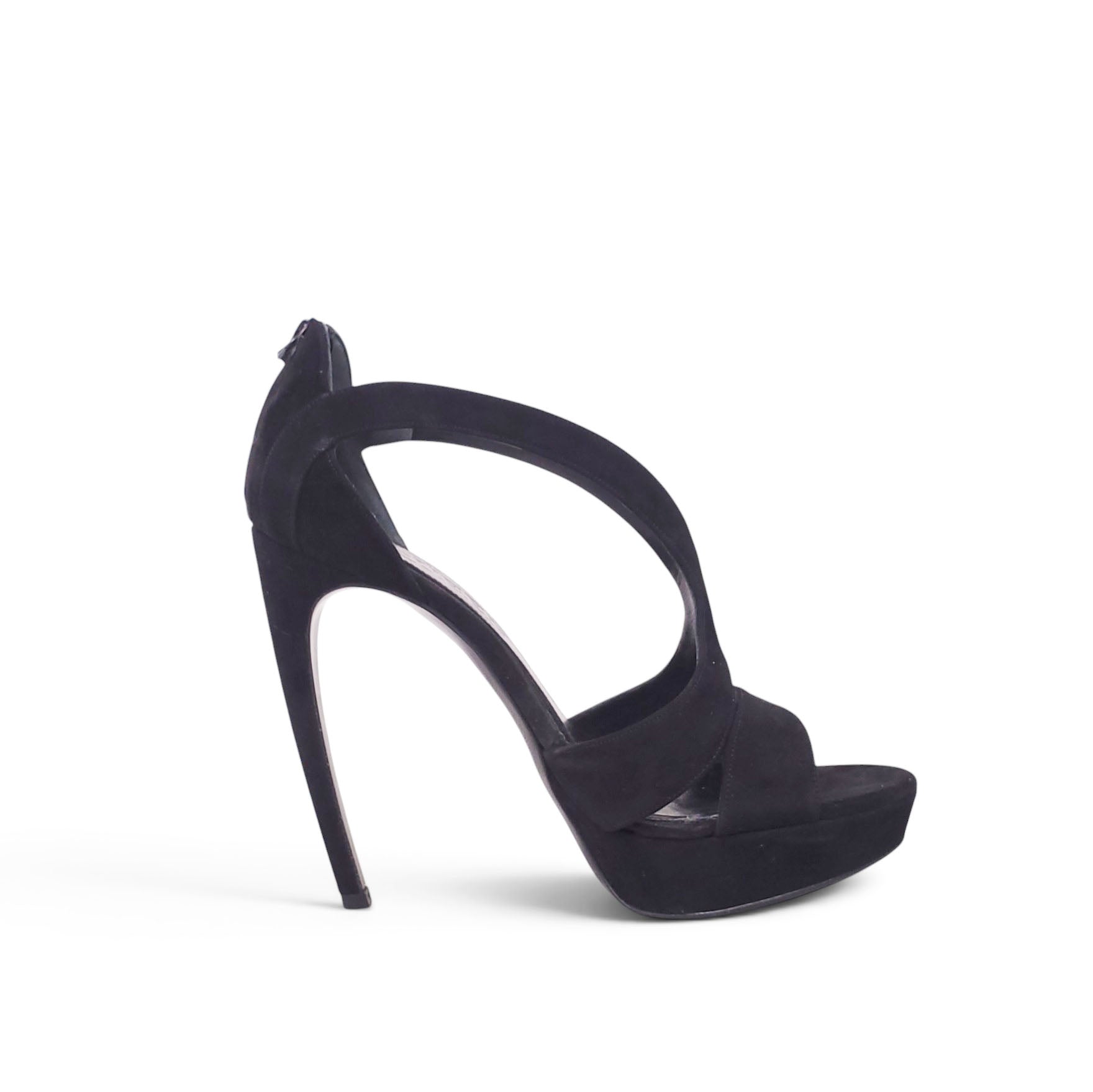 ALEXANDER MCQUEEN ARMADILLO DOUBLE ARCHED BLACK SUEDE HEELS - SIZE 38.5