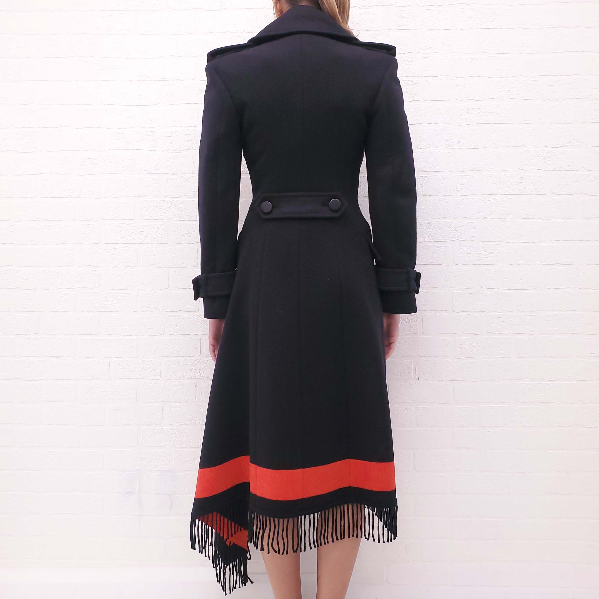 ALEXANDER MCQUEEN BLACK AND RED FRINGE COAT - SIZE 44