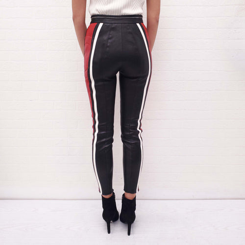 ALEXANDER MCQUEEN BLACK LEATHER PANTS WITH WHITE AND RED STRIPES - SIZE 40
