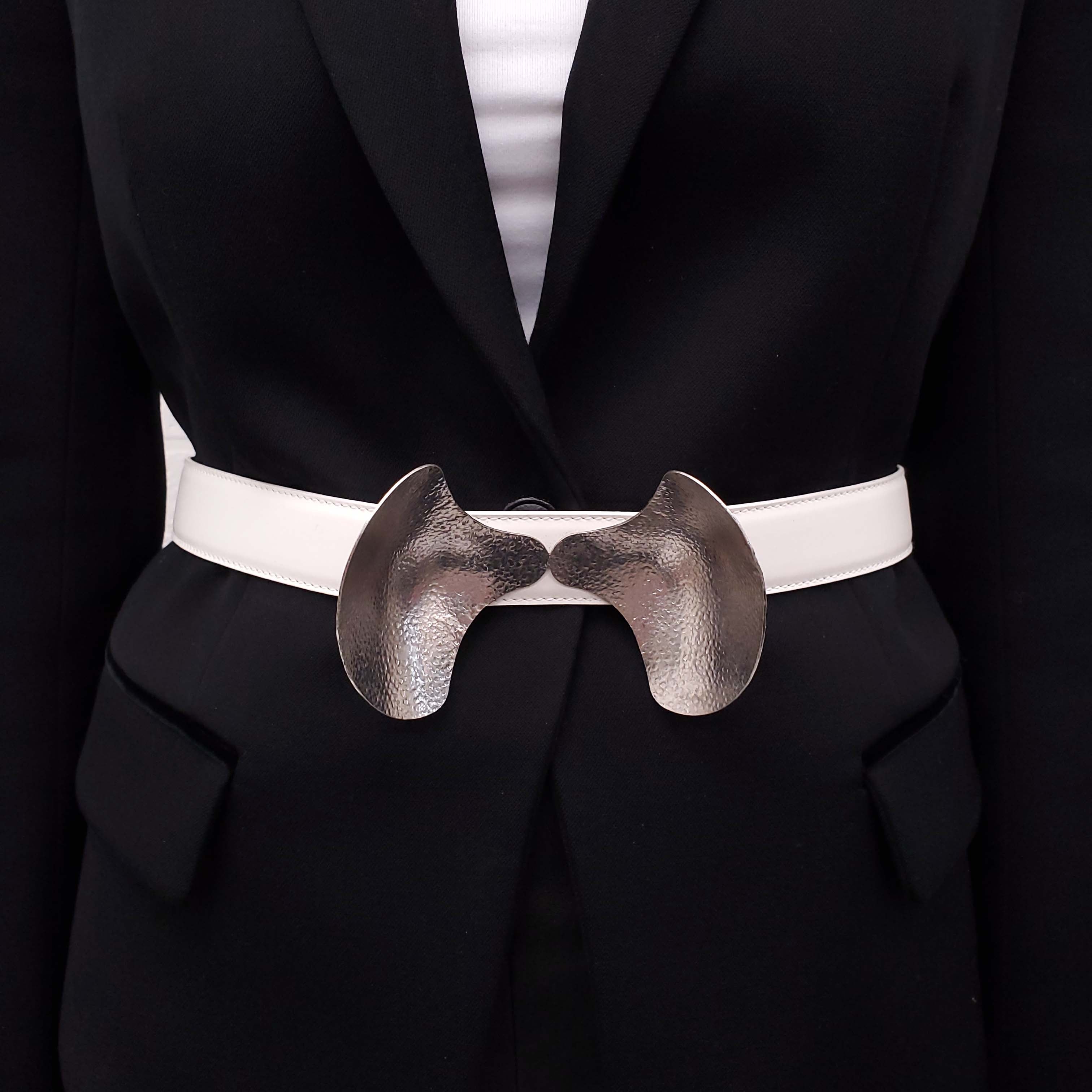 ALEXANDER MCQUEEN WHITE LEATHER BELT WITH SILVER DETAIL - SIZE 85