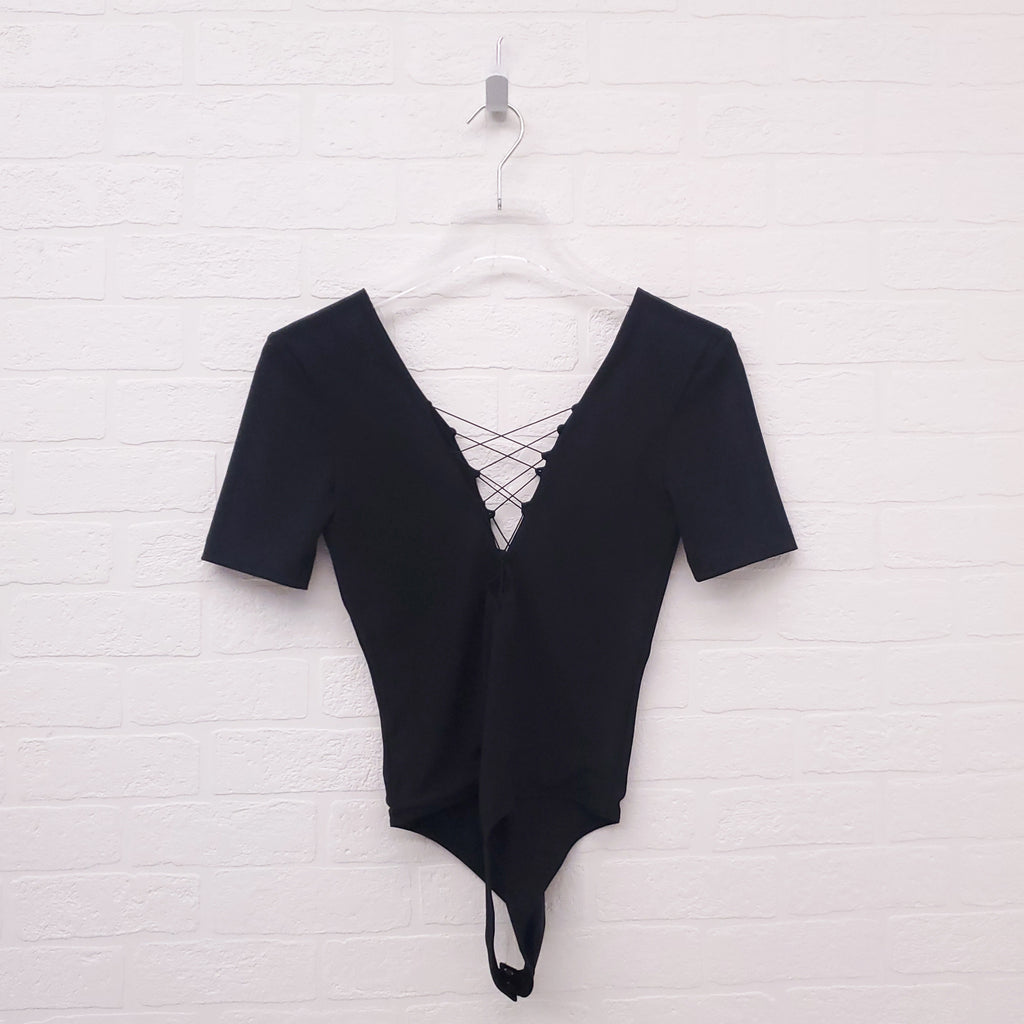 ALEXANDERWANG.T BLACK LACE UP BODYSUIT - SIZE XS