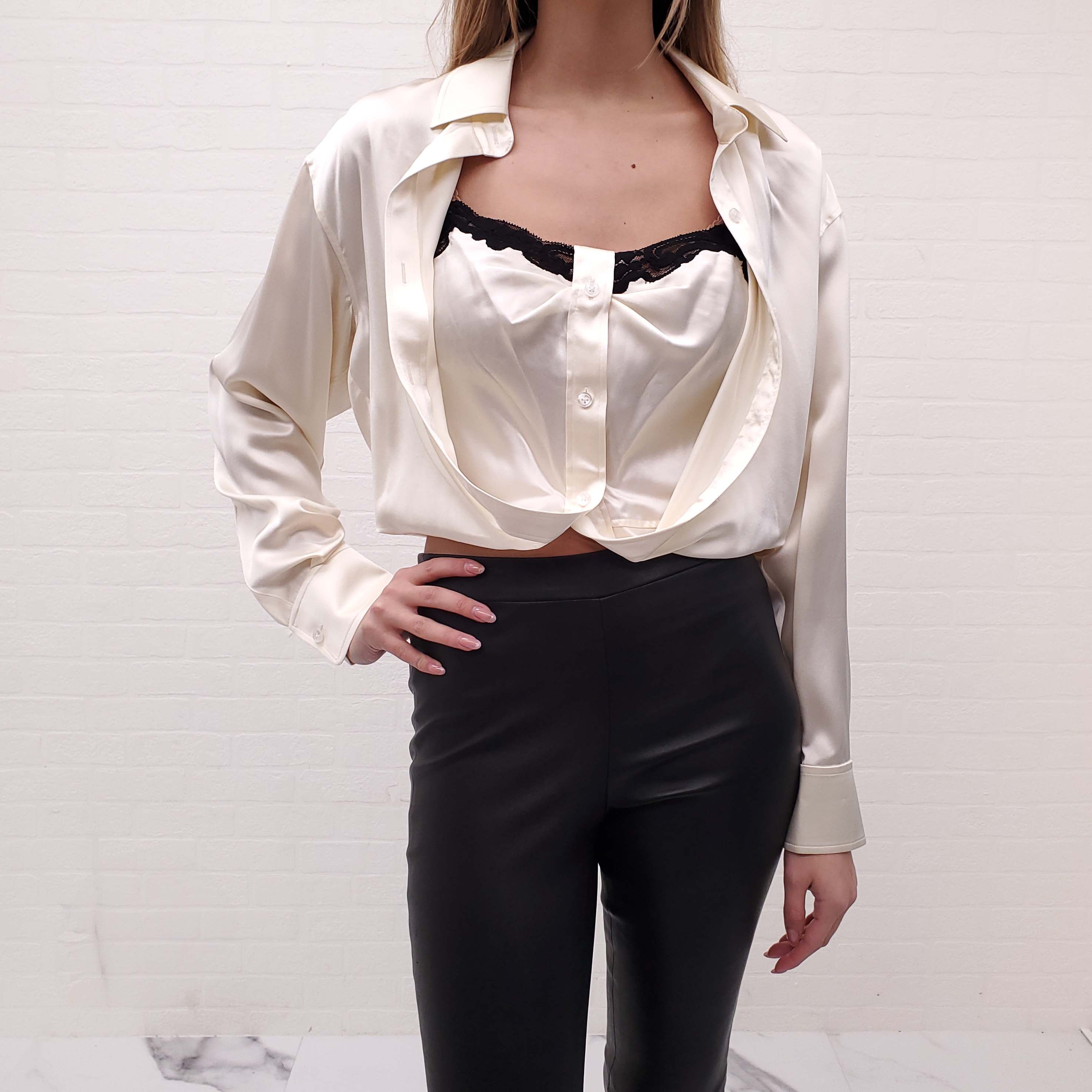 ALEXANDERWANG.T CREAM CROPPED LAYERED LACE TANK WITH SILK BUTTON UP BLOUSE - SIZE 2