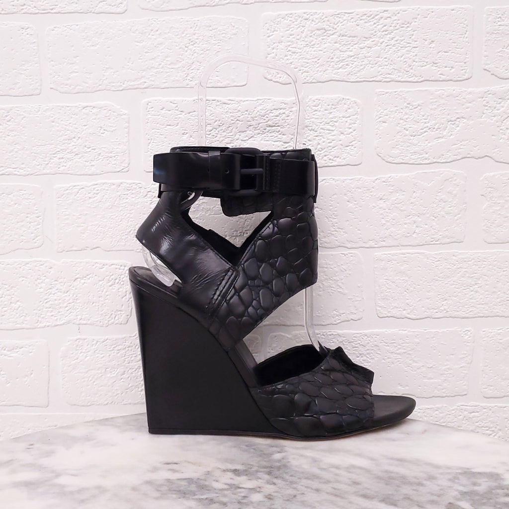 ALEXANDER WANG BLACK CROC EFFECT OPEN TOE WEDGES - SIZE 39