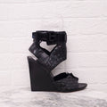 ALEXANDER WANG BLACK CROC EFFECT OPEN TOE WEDGES - SIZE 39