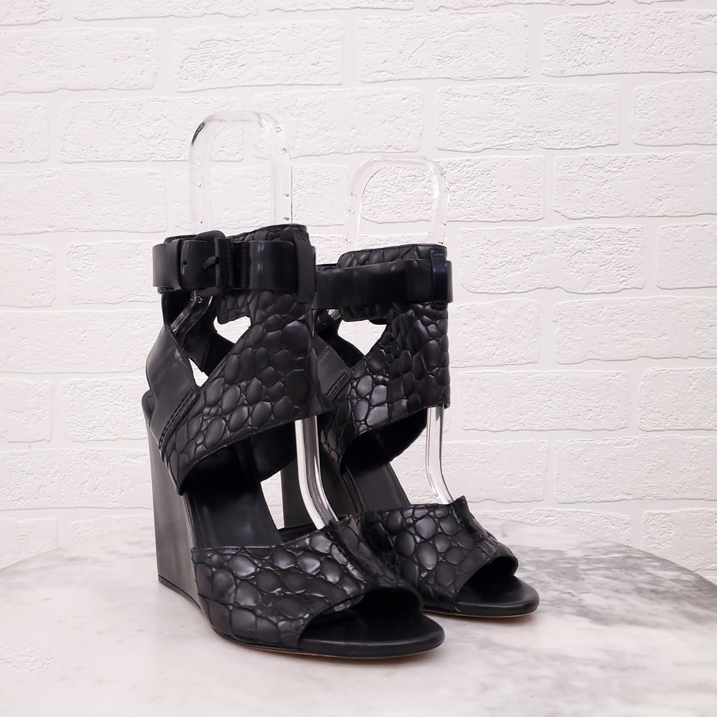 ALEXANDER WANG BLACK CROC EFFECT OPEN TOE WEDGES - SIZE 39