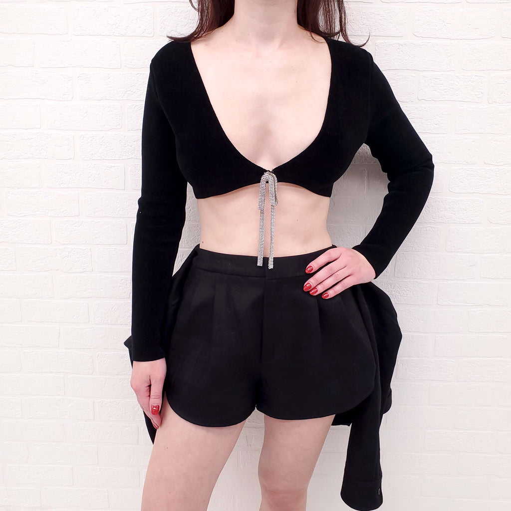 ALEXANDER WANG BLACK CROPPED VELVET TOP WITH CRYSTAL TIE - SIZE S