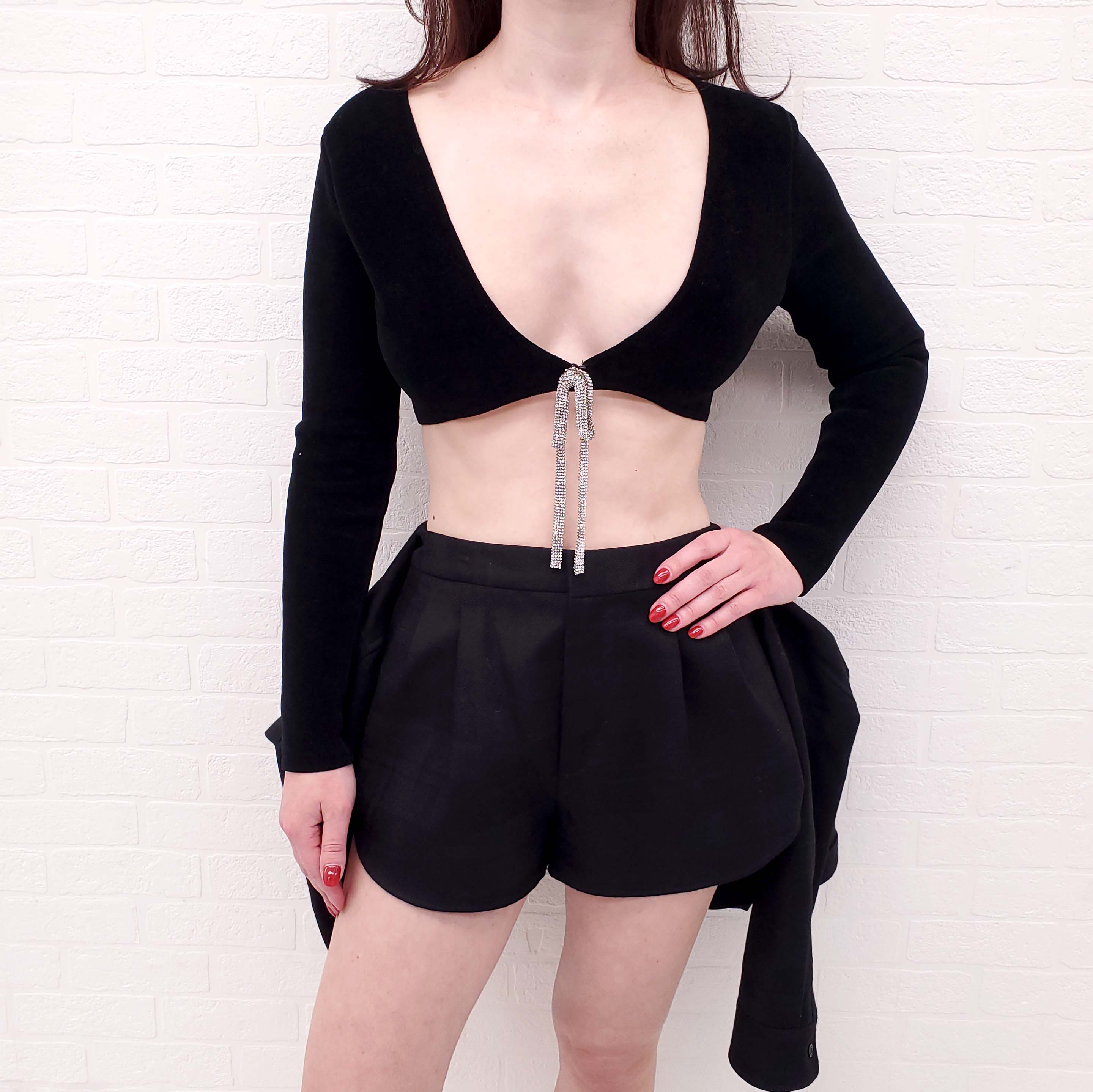 ALEXANDER WANG BLACK CROPPED VELVET TOP WITH CRYSTAL TIE - SIZE S