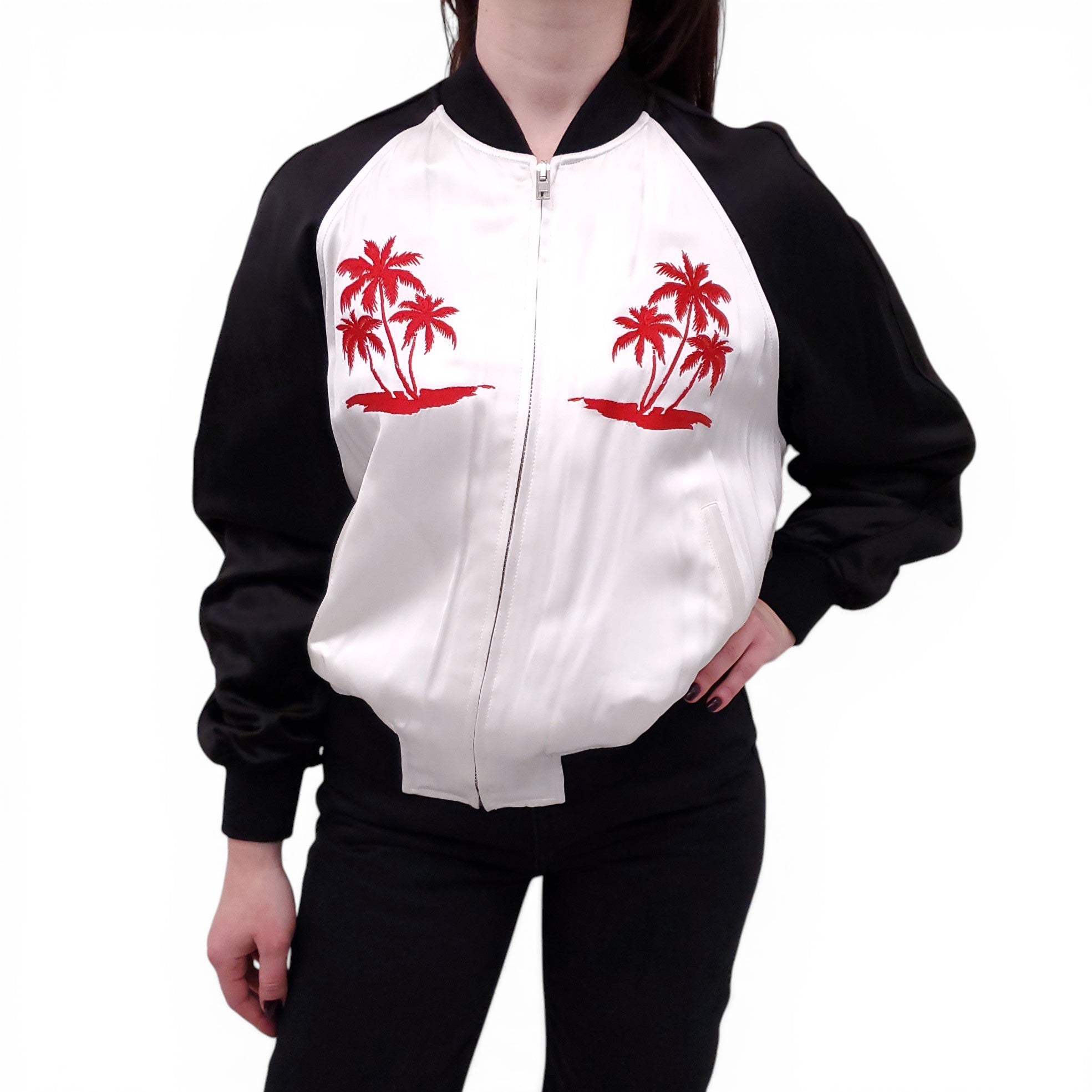 ALEXANDERWANG CREAM AND BLACK PALM TREE EMBROIDERED BOMBER JACKET - SIZE S