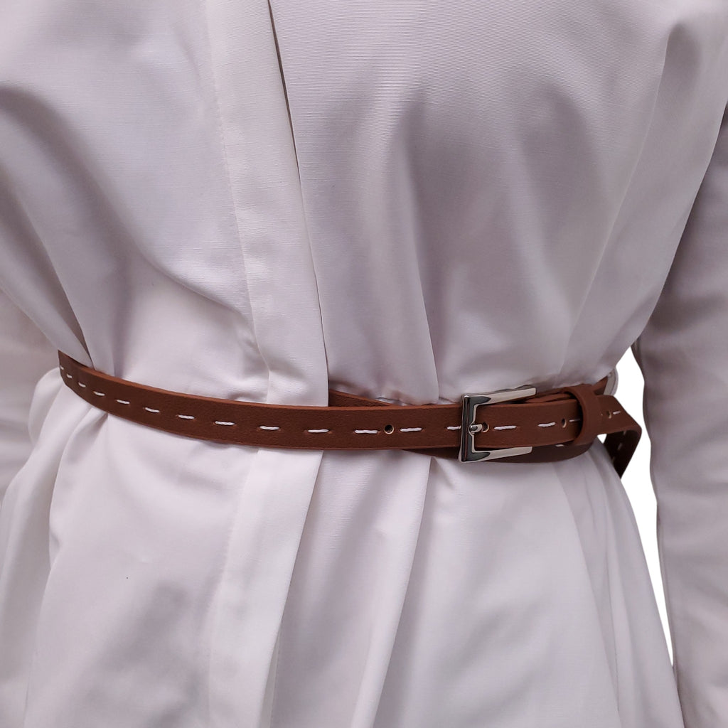 ALEXIS WHITE DRESS WITH BROWN LEATHER BELT - SIZE S
