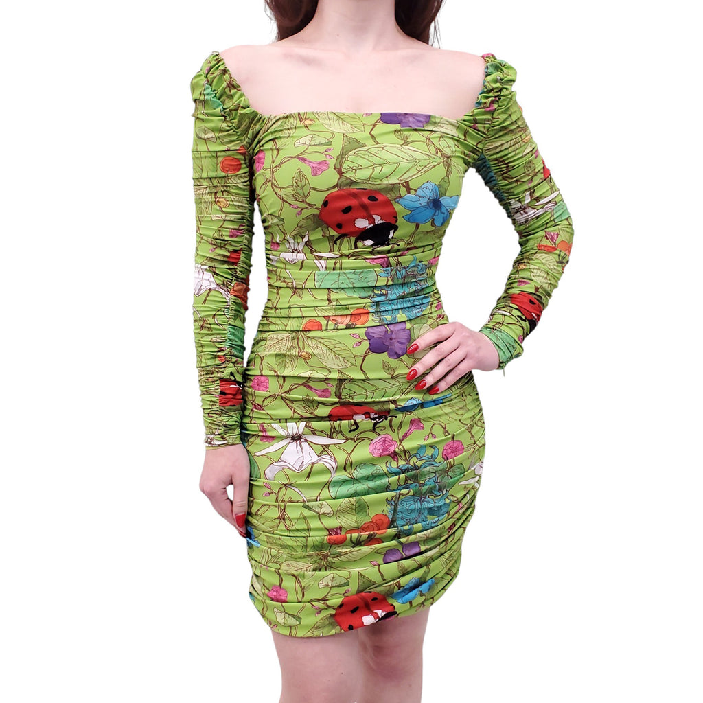 ALIÉTTE GREEN PATTERNED RUCHED DRESS - SIZE 0