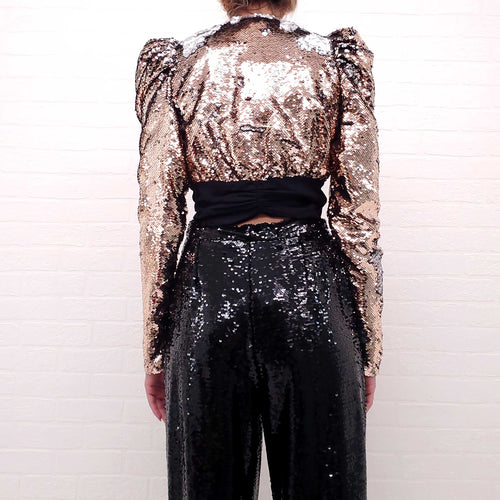 AMEN BRONZE SEQUIN CROPPED TUXEDO BLOUSE - SIZE 42