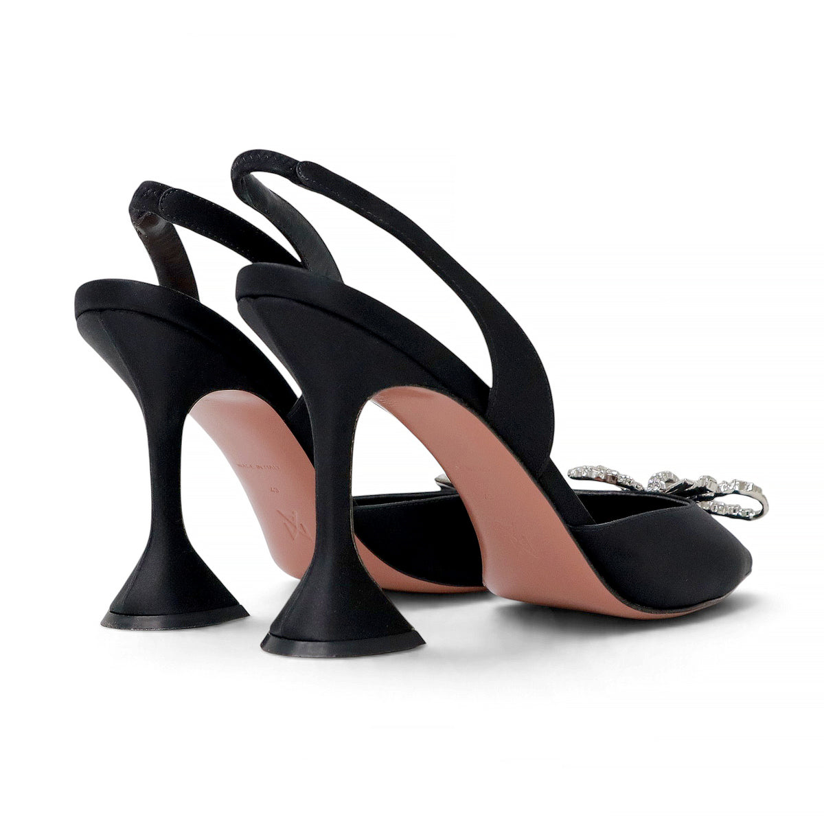 AMINA MUADDI BLACK SATIN ROSIE CRYSTAL BOW SLINGBACK 95MM HEELS - SIZE 43