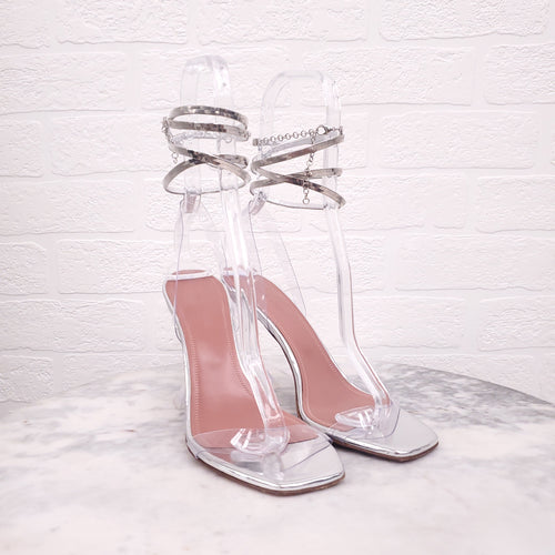 AMINA MUADDI SILVER WRAP AROUND HEELS - SIZE 38