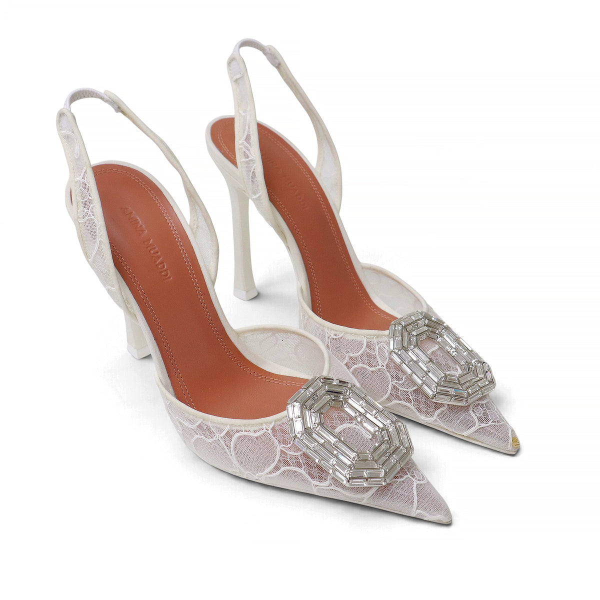 AMINA MUADDI WHITE CAMELIA LACE SLING 90 HEELS - SIZE 37