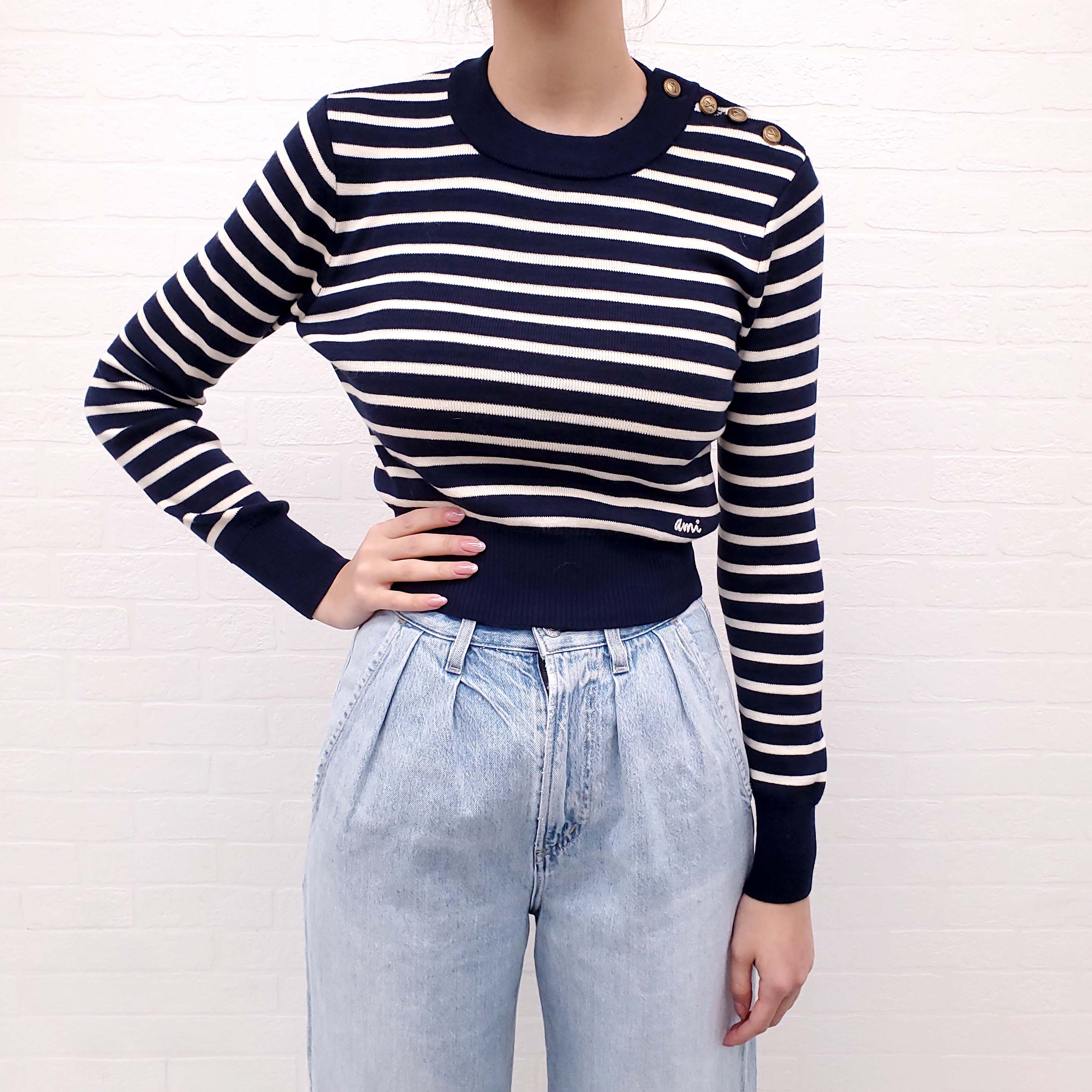 AMI PARIS NAVY STRIPED SWEATER - SIZE S