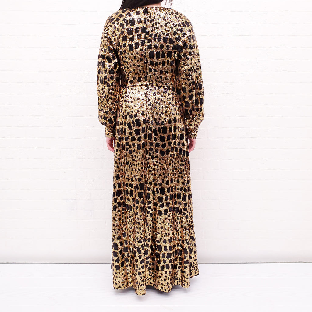 ANTIK BATIK GOLD AND BLACK SPOTTED SEQUIN GOWN - SIZE 40/M
