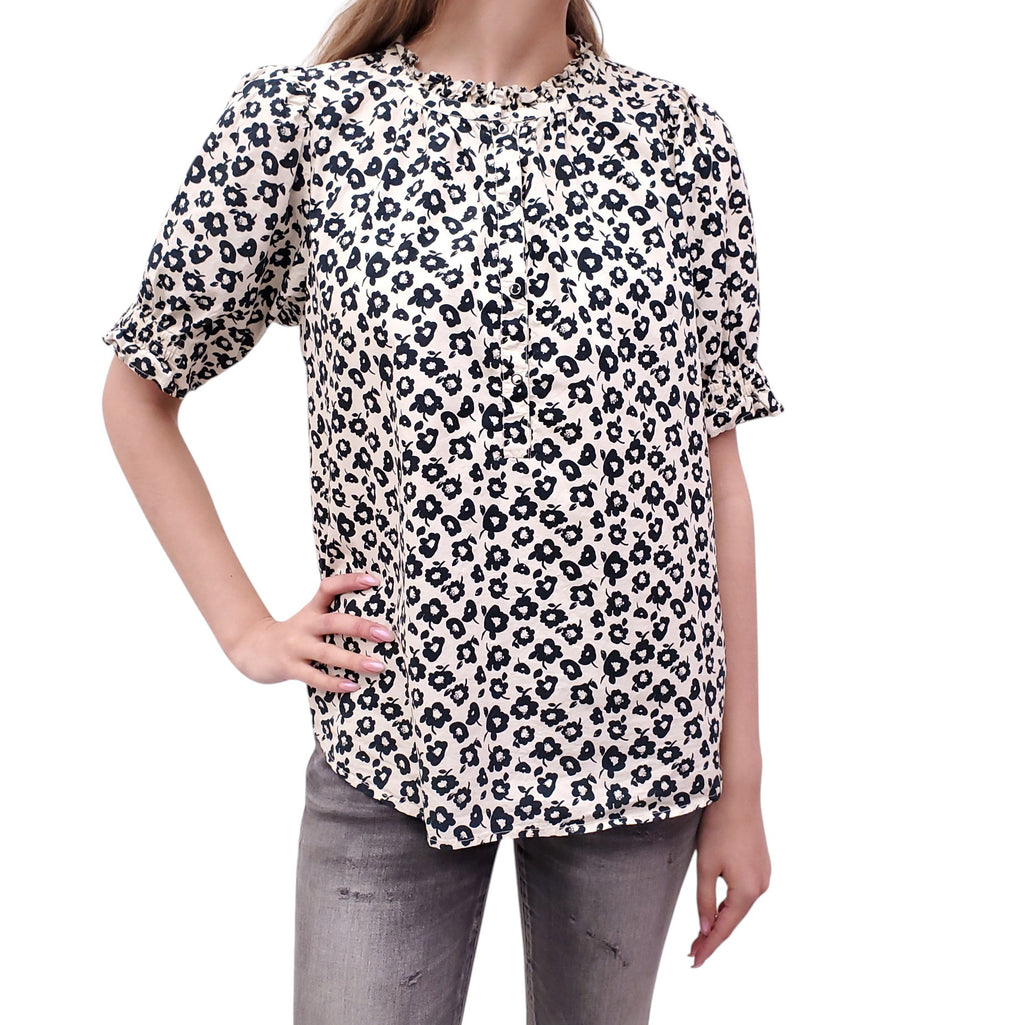 APIECE APART BLACK AND WHITE FLORAL PRINT BLOUSE - SIZE M