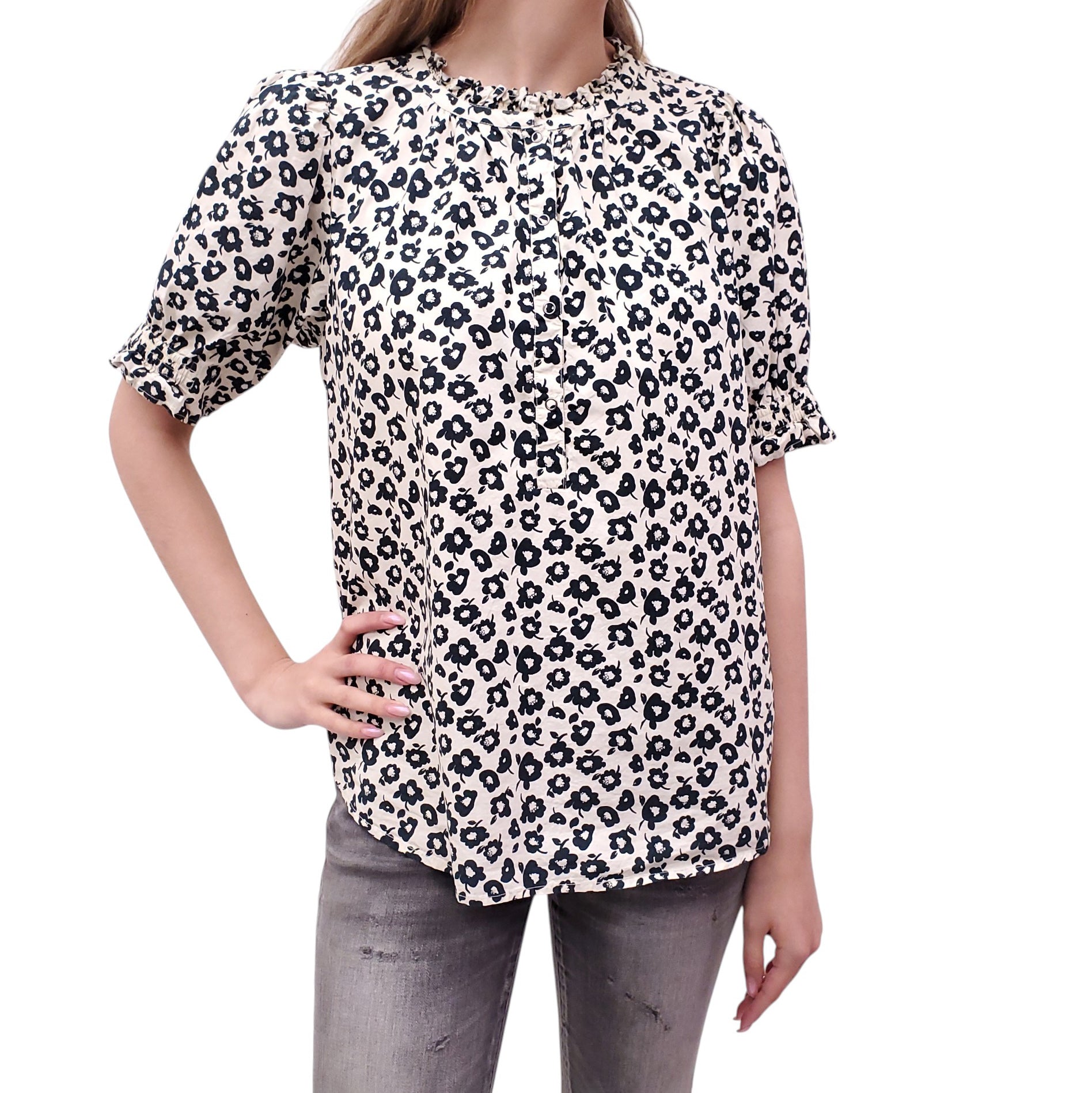 APIECE APART BLACK AND WHITE FLORAL PRINT BLOUSE - SIZE M