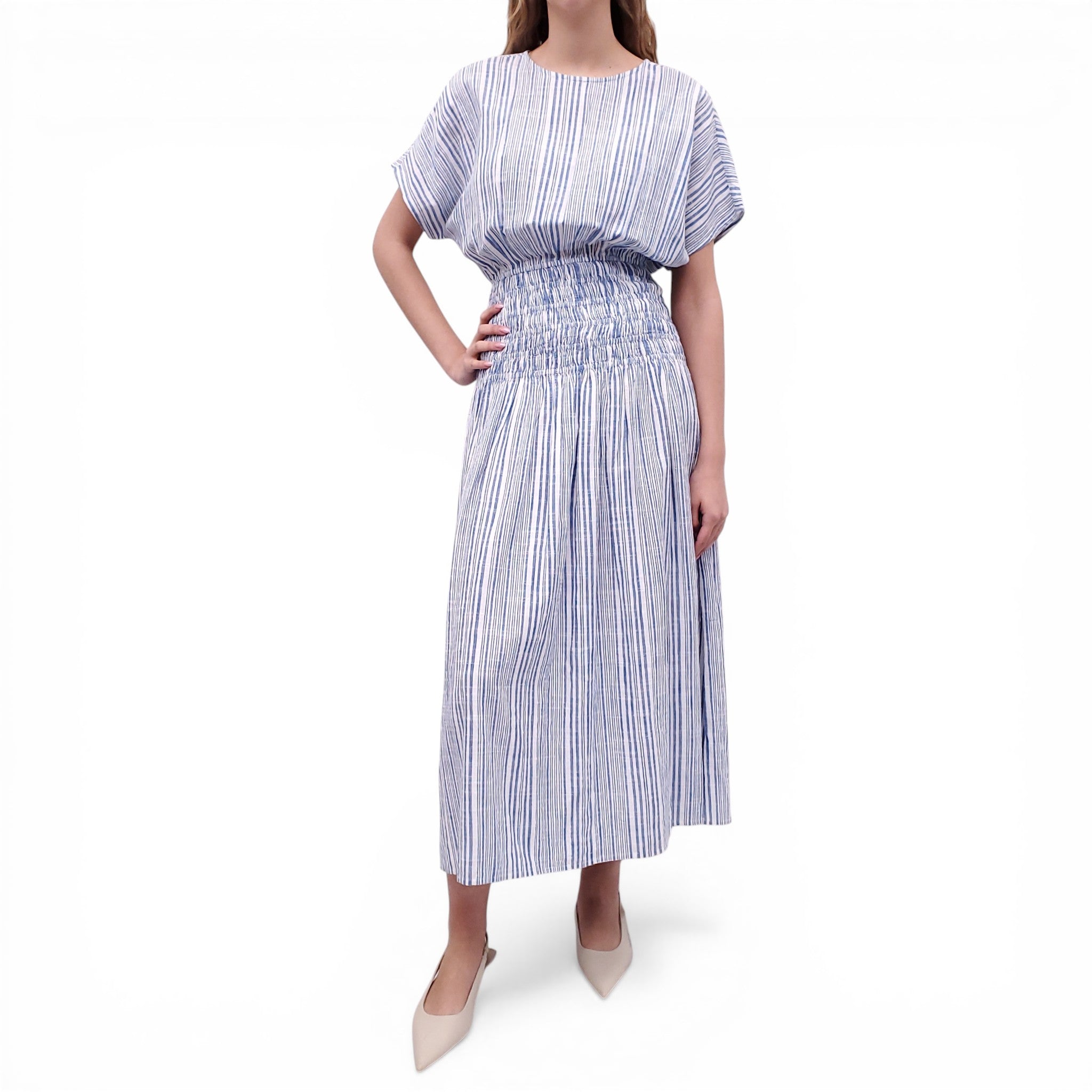 APIECE APART BLUE AND WHITE LONG DRESS WITH CINCHED WAIST - SIZE S